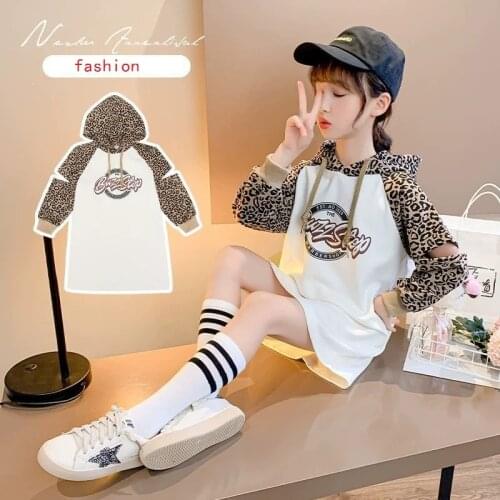 Girls Dresses Childrens Clothes Kids Fashion Stitching Leopard Print Long Sleeves Dress Baby Girl Hooded Sweater