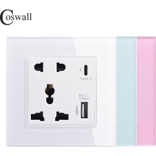 Coswall Type-C Interface Socket 18W 4000mA Smart Quick Charge, Wall Glass Panel Universal 5 Pin Power Outlet With USB