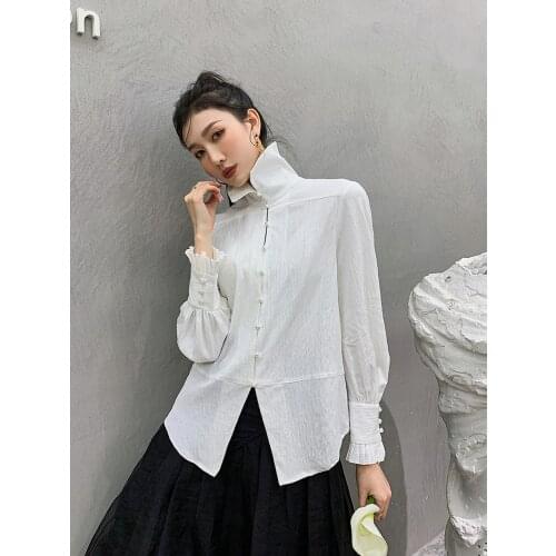White Shirt Womens High Collar Single-Breasted Flared Sleeves Comfortable cCotton Spring And Autumn Ladies Blouses