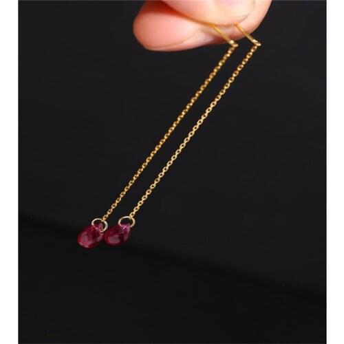 DMBS232 Faceted Ruby Earline Female Gemstones Day Genuine Yellow 18K Gold Long Choi Earrings Gift