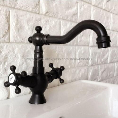 Basin Faucets Black Bathroom Sink Mixer Deck Mounted Double Handle Single Hole Bathroom Faucet Brass Hot and Cold Tap Bnf362