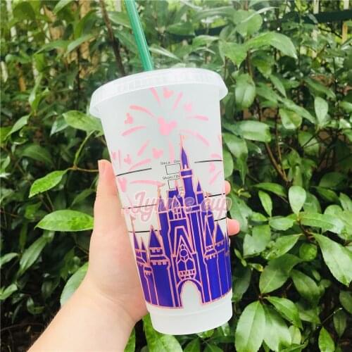 24oz Castle Firework Personalized Venti Reusable Cold Cups With Lid And Straw Customized Plastic Cups Name