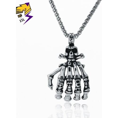 Steampunk Skeleton Finger Pendant Necklaces Vintage Skull Hand Silver Chains Biker Necklaces for Men Rock Roll Jewelry
