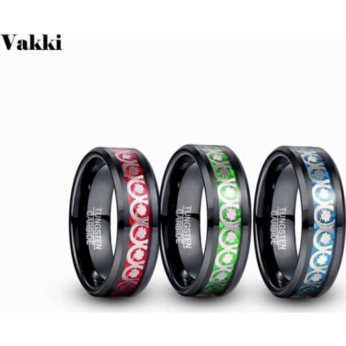 VAKKI Horseshoe Flower Pattern Blue Red Opal Paper Electric Black Tungsten Carbide Ring Fashion Wedding Jewelry Gift