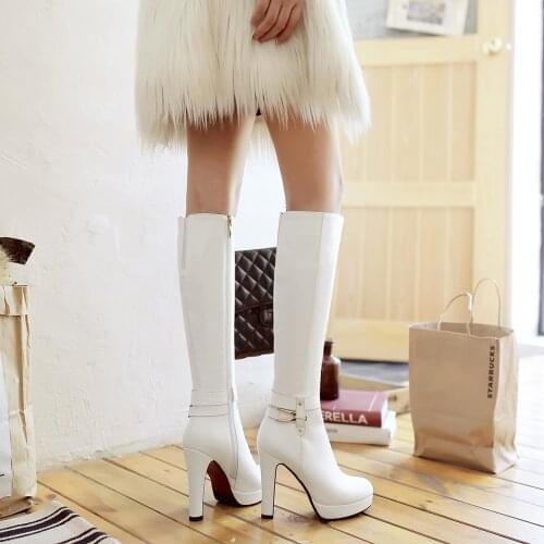 Womens Winter High Boots Sexy High Heels Platform Knee High Boots Women Fashion Buckle Zipper White Womens High Boots Shoes