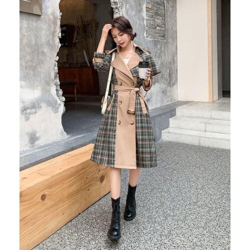 Women Trench Coat Fashion Personality Plaid Contrast Color Pleated Overcoat Girls Trench Ladies Long Coats