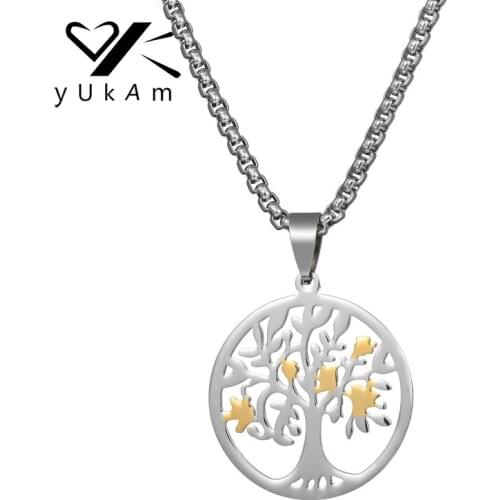 YUKAM Jewelry Wish Lucky Hollow Family Tree of Life Pendant Necklaces Stainless Steel Silver Color Round Coin Necklace for Women