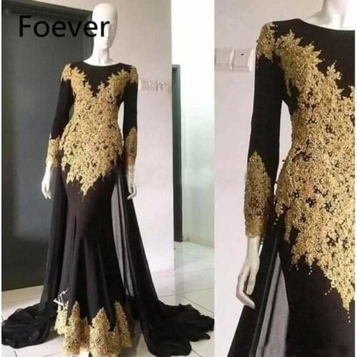 Dubai Arabic Dress Gold Appliques Mermaid Prom Dresses 2019 Jewel Neck Long Sleeve With Train Formal Evening Party Gown Custom