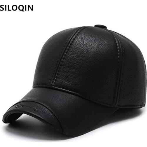 SILOQIN Winter Thick Earmuffs Hats For Men New PU Leather Baseball Caps Mens Warm Fashion Casual Sports Cap Middle-aged Dad Hat