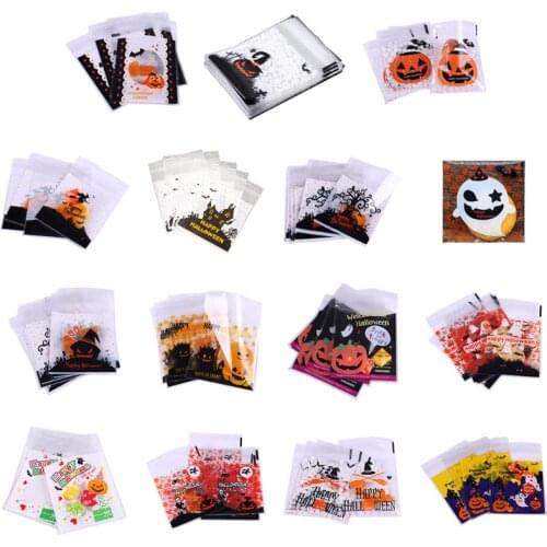 100 Pieces Halloween Candy Biscuit Bag Self Adhesive Cartoon Pumpkin Witch Ghost Print Clear Treat or Trick Packaging Snack Bags