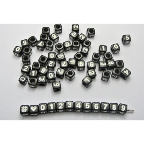 200 Black Assorted Number "#" Acrylic Cube Pony Beads 7X7mm