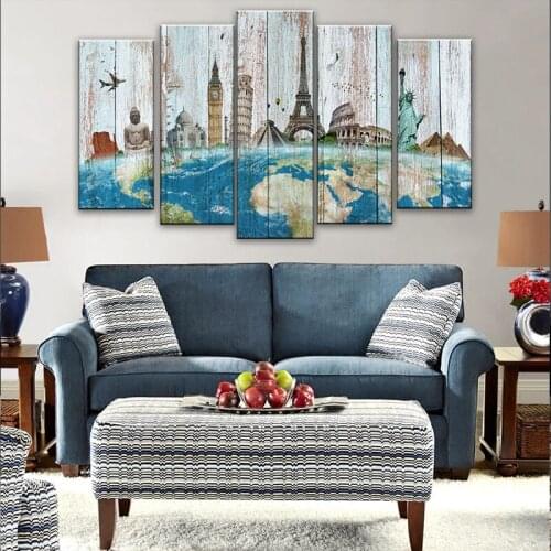 5 Pieces Wonders of the World Map Picture on Rustic Green Wood Textured Background Canvas Prints Premium Travel Artwork Home Dec