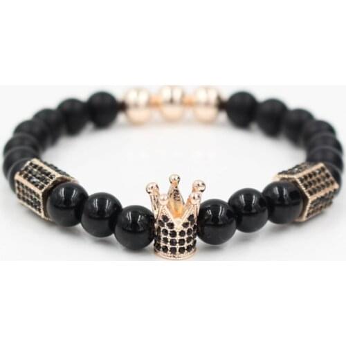 8mm hrh2 gold silver micro pave cz zircon cubic zirconia Bracelet adjusted bead Crown black stone volcanic lava Bangles