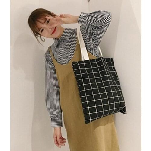 Large Capacity Double-sided Cloth Bag Canvas Plaid Women Shoulder Bags Environmental Protection Shopping Bags