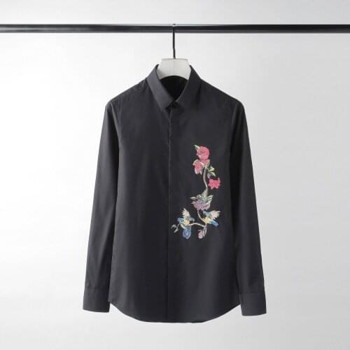 Black Cotton Mens Shirts Luxury Rose Embroidery Long Sleeve Mens Dress Shirts Plus Size 4xl Solid Mens Shirts Casual Slim Fit