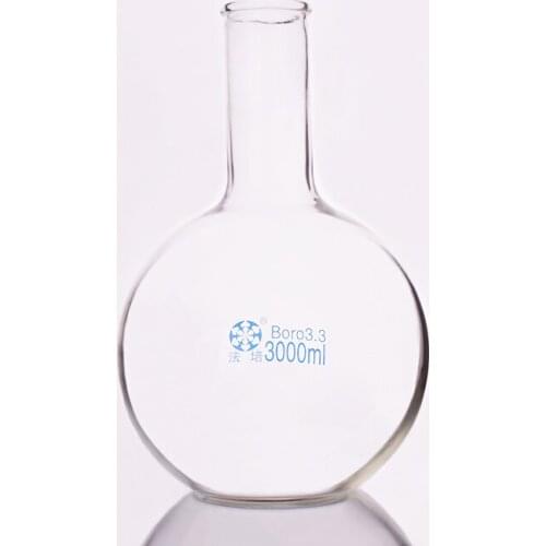 Boiling flask flat bottom long narrow neck,Capacity 3000ml,The O.D. of the neck is about 50mm,Long neck flask with normal mouth