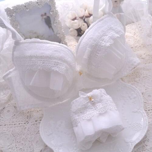 Pure Girl White Lace Trim Japanese Bra & Panties Set Underwire Push Up Soft Underwear Intimates Set Kawaii Lolita