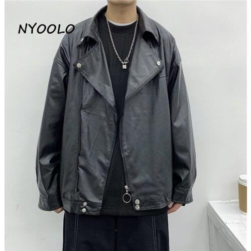 NYOOLO Casual Streetwear PU Leather Pockets Zipper Motorcycle Jacket Women Men Clothes Vintage Black Oversized Outerwear Coats