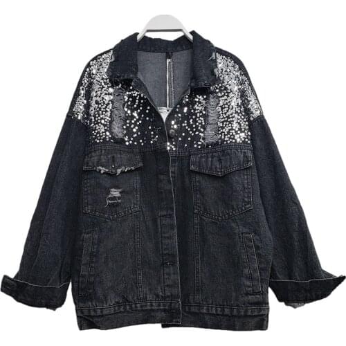 Heavy Work Sequins Black Denim Jacket Coat Women Chaquetas Mujer Loose Long Sleeve Short Outwear Pocket Hole Jeans Jacket Female