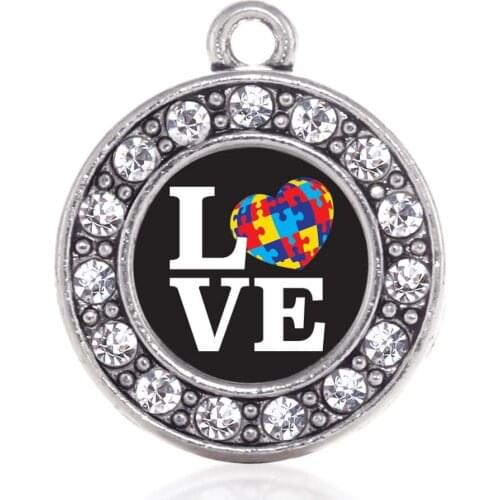 Fashion Custom Jewelry Accessories Clear Rhinestone Raise Awareness Love Heart Jigsaw Puzzle Pieces Autism Round Charm