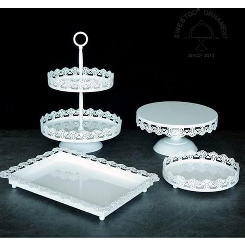 SWEETGO cake stand set 4 pieces lace edge white dessert table wedding party shower event supplier sweet table cake decoration