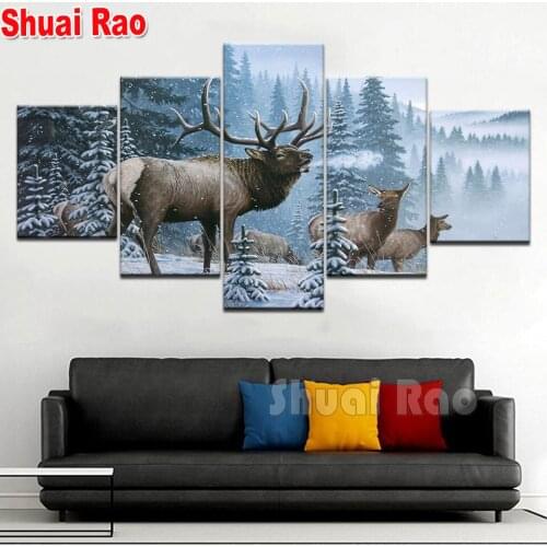 Full Square/Round Diamond Painting Bull Moose Crossing Stream Embroidery Cross Stitch Diamond Mosaic painting Elk Snow forest