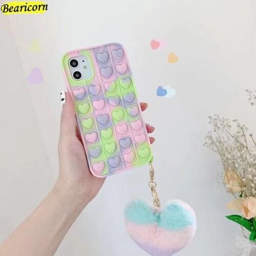 Pop Fidget Toys Push Bubble Silicone Beans Case For iPhone 6 6s 7 8 Plus X XR XS 11 12 Pro Max SE Cover with Hairball Pendant