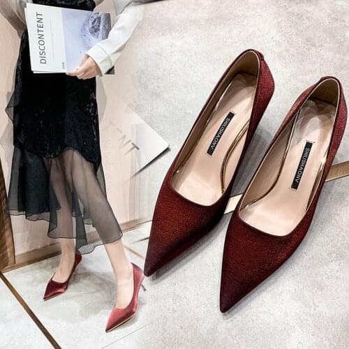 Womens Shoes 2021 Spring New Thin Heeled Pointed High Heeled Shoes Wine Cup And Red Silk Sexy Wedding Shoes Women