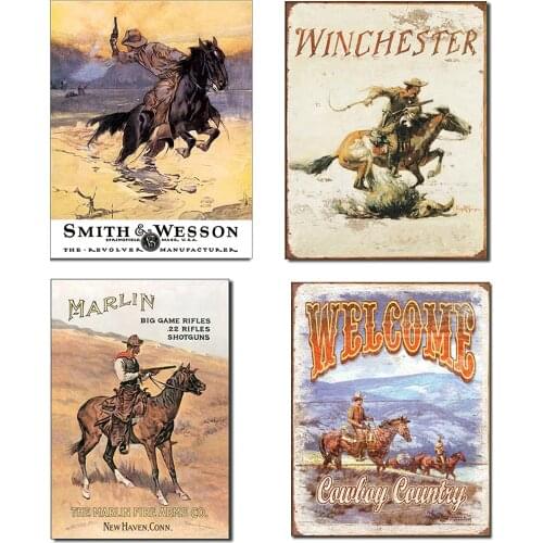 Vintage Cowboy Tin Sign Bundle - Smith & Wesson Hostiles, Winchester, Marlin/Cowboy on Horse and Welcome Cowboy Country