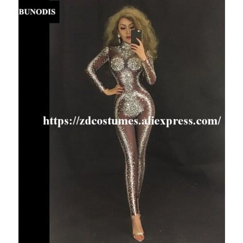 ZD133 Big Glass Diamonds Women Jumpsuit Full 1000pcs Sparkling Crystals Hand Made Bodysuit Nightclub Party Star Styl Clothing