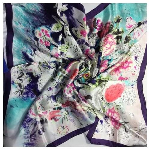 Real silk women summer square geometric print scarf