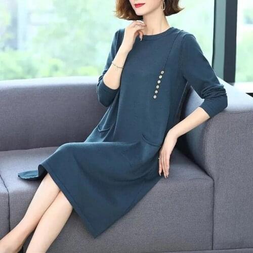 L-6XL O-Neck Sweater Dress Women 2021 New Autumn Winter Increase Mother Wear Knitted Bottoming Shirt Buttons Oversize