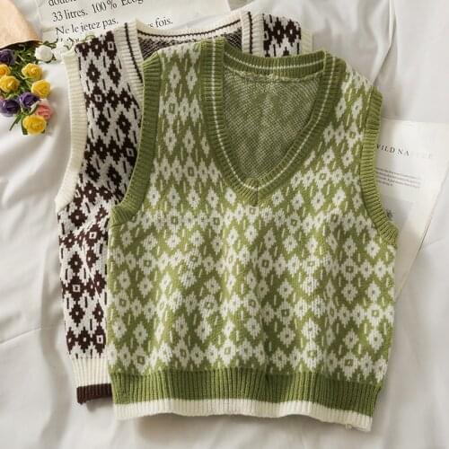 Korean Plaid Sleeveless V-neck Pullovers Sweater Vest for Womens Autumn 2021 Retro Fashion Crop Top Streetwear Causal Waistcoat