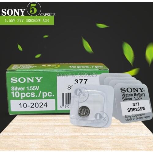 5pc New Single grain packing Sony 100% Original 377 SR626SW SR626 AG4 1.55V Silver Oxide Watch SR626SW 377 MADE IN JAPAN