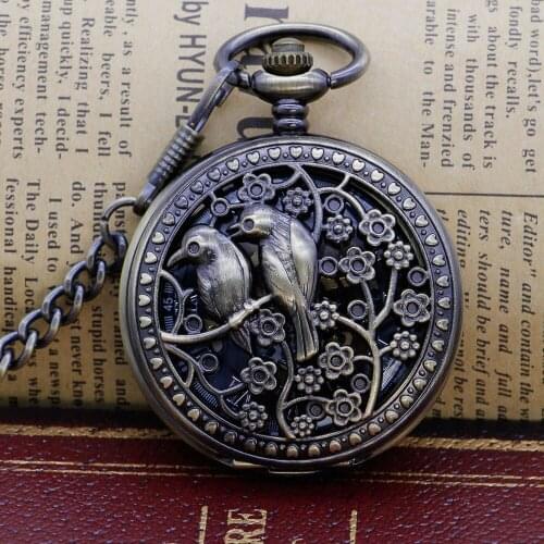 5pcs Drop Shipping Fashion Vintage Black Analog Number Display Automatic Mechanical Men Women Pocket Watch Double Bird Fob Watch