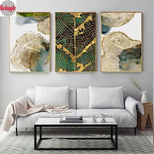 Abstract Golden Leaf Vein Painting diamond rhinestone embrordery crystal beads 3 pcs set hobby mosaic art still life wall decor