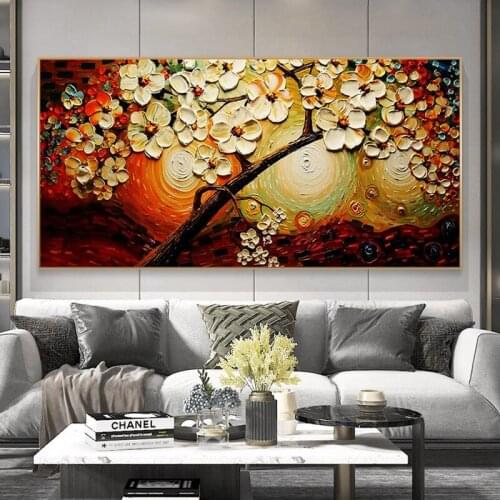 Abstract Colorful White Flower Leaf Tree Canvas Painting Pictures Hand Painted Oil Painting Canvas Wall Art Home Decoration