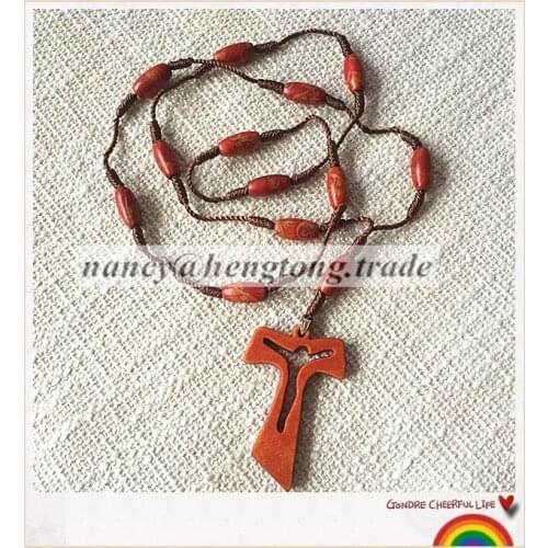 Freeship wholesale cheap ovel wooden bead religious rosary, rope & cord knotted catholic rosary necklace with wooden cross Anka