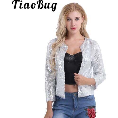 Shiny Sequins Women Girls Long Sleeve Fashion Open Front Cardigan Office Work Formal Slim Blazer Jacket Coat Wedding Party Shrug