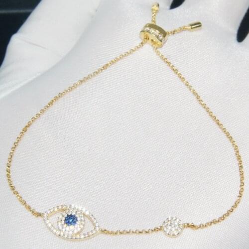 SLJELY Fashion Real 925 Sterling Silver Yellow Gold Color Blue Lucky Eye Bracelet Micro Cubic Zirconia Stone Women Fine Jewelry