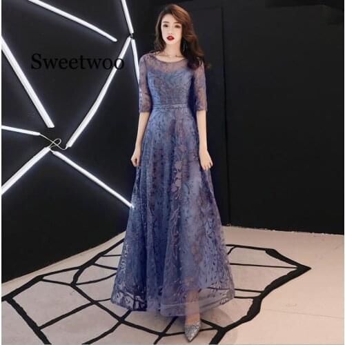 Lace party Dresses Long 2020 Elegant O-neck A-line Floor-Length Formal With Sleeves Plus Size Formal Dress