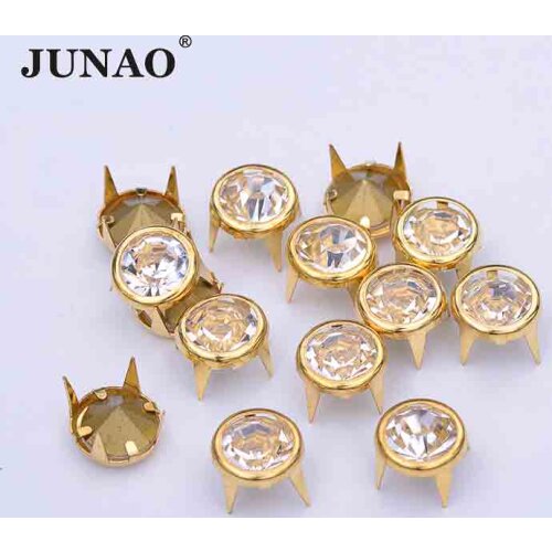 JUNAO 100pcs 10mm Gold Rhinestone Rivet Metal Studs Spikes Decoration Rivet For Leather Clothes Shoes DIY Crafts