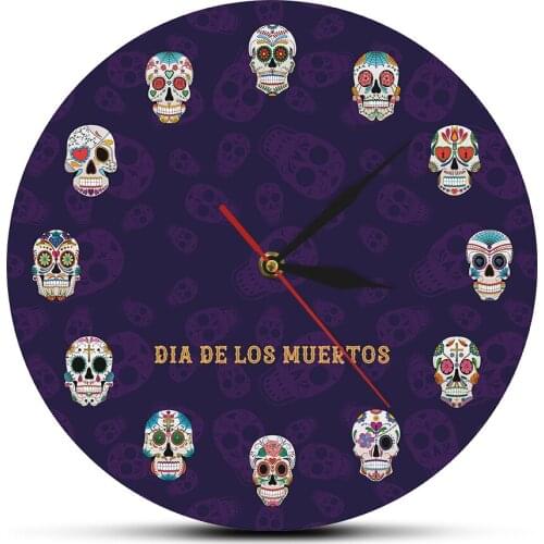 Mexico Day of the Dead Printed Wall Clock Mandala Skull Flowered Dead Head Acrylic Watch Human Tattoo Art Decor