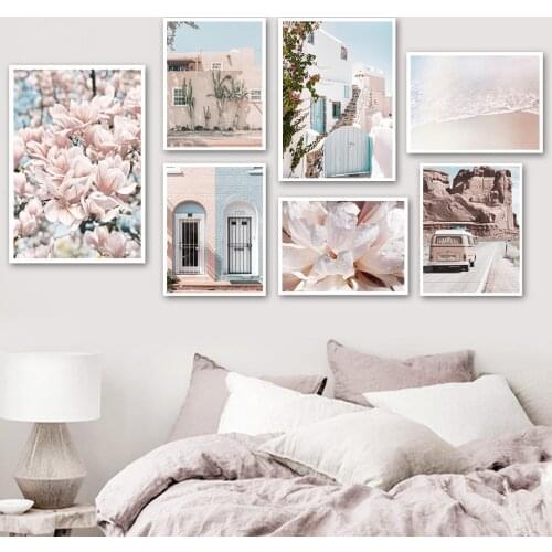 Pink Flower Beach House Door Car Travel Wall Art Canvas Painting Nordic Posters And Prints Wall Pictures For Living Room Decor