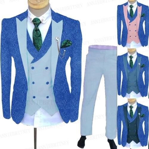 New Blue Jacquard Suit Men With Sky Blue Pants 3 pieces Tailored Fashion Designs Business Tuxedo Set Groom Prom Wedding Suits