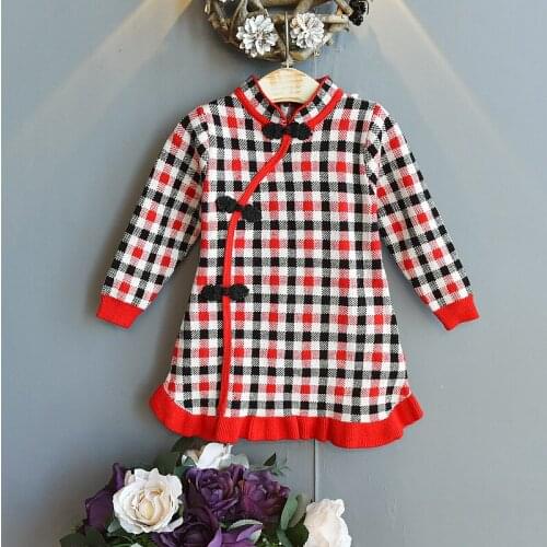 2020 New Autumn Winter Girls Plaid Dress Mink Velvet Padded Sweater Girl Chinese Childrens Style Dress O-Neck Long Sleeve Dress