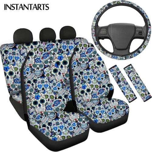 INSTANTARTS Sugar Skull Pattern Easy to Install Car Seat Cushion Durable Car Steering Wheel Protector Safety Shoulder Strap Pad