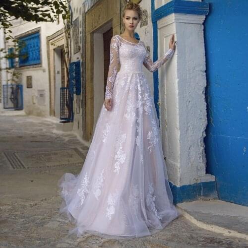 Amazing Scoop Long Sleeves Lace A-Line Wedding Dresses Lace Up Back Bridal Gowns 2020 Customized Long Robe De Mariee