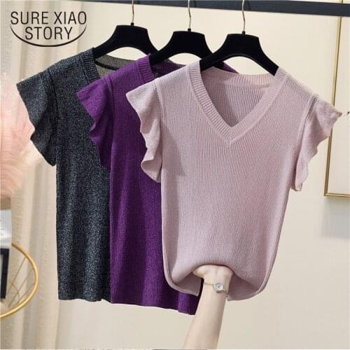 Plus Size Tank Top Women Fashion Lotus Sleeve Vest 2021 Summer New Bright Yarn Sexy V-neck Thin Knitted Vest Loose Blusas 14474