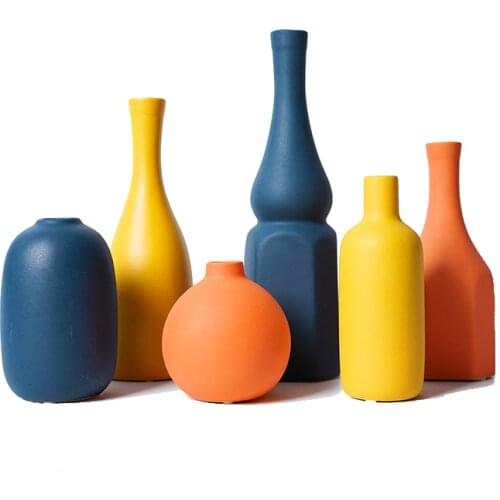 Nordic Morandi Orange Yellow Blue Ceramic Vase Abstract Small Mouth Flower Arrangement Dried Flower Pots Home Decorations